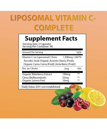 Liposomal Vitamin C with Zinc Capsules - High Absorption 1500mg/Serving - Immune Support and Anti-aging Formula with Organic Elderberry, Amla, and Camu Camu - 3 Month Supply - Buy Online on GoSupps.com