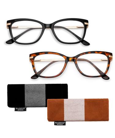 Madison Avenue 2 Pack Cateye Reading Glasses for Women Fashion Readers with Comfort Spring Hinge Black Tortoise +2.0 C02 Black/Tortoise 2.0 x