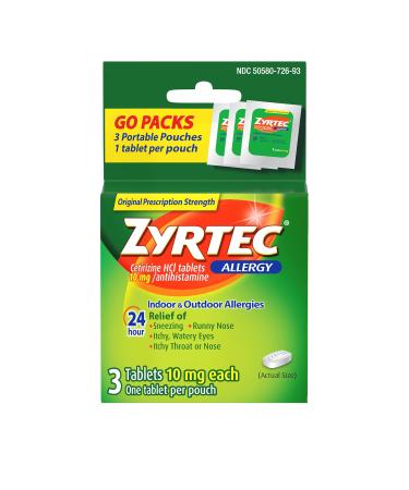 Zyrtec 24 Hour Allergy Relief Tablets 10 mg Cetirizine HCl Antihistamine Allergy Medicine Travel Size 3 ct