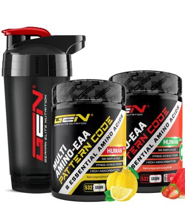 2x EAA powder + premium shaker - Candy Lemon + Strawberry Watermelon - Human Code Formula - All 8 essential amino acids - Amino workout drink - Delicious taste - vegan (2x - 532 g) Shaker + Candy Lemon + Strawberry Watermelon 532 g (2 -pack) +shaker