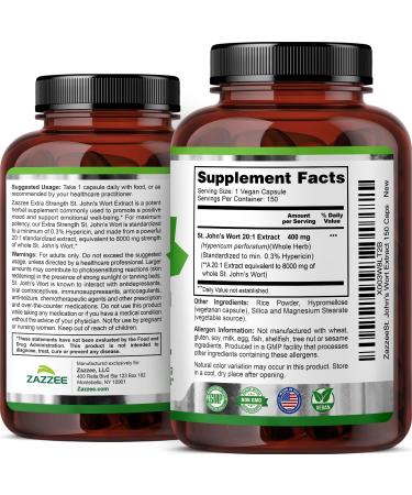 Zazzee Extra Strength St. John s Wort 20:1 Extract 8000 mg Strength 0.3% Hypericin 150 Vegan Capsules 5 Month Supply Concentrated Standardized 20X Extract 100% Vegetarian Non-GMO All-Natural - Buy Online on GoSupps.com