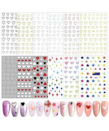 12 Sheets 3D Heart Star Nail Art Stickers Nail Heart Stickers Self Adhesive Nail Decal Stickers Love Heart Nail Art Decoration Heart Nail Sticker Gold Silver Black White Colors Colorful Version