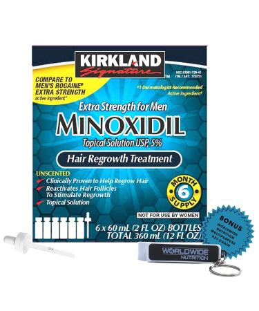 6 Months Kirkland Minoxidil 5% Extra Strength - Hair Regrowth Treatment for Men - 2 Fl Oz (Pack of 6) - with Worldwide Nutrition Bonus Key Chain