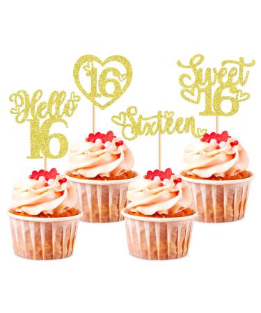 Blumomon 24 Pack Sweet 16 Cupcake Toppers Gold Glitter Sixteen Cake Picks Kids 16th Birthday Anniversary Party Cake Decorations Style1-gold