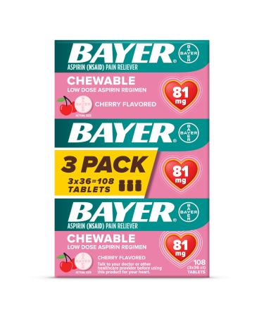 Bayer Aspirin Low Dose 81 mg Chewable Tablets Pain Reliever Cherry Flavored 108 Tablets (36 Pack of 3) Cherry 36 Count (pack of 3)
