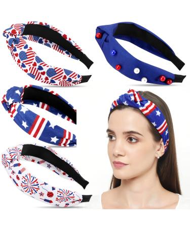 CiyvoLyeen 4PCS American Flag Knotted Headband For Women  4th Of July Wide Hair Patriotic Party Decor Fireworks Fabric Hoop Independence Memorial Day Supplies Decoration Stars Girls Accessories