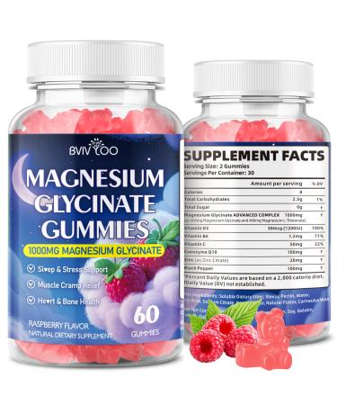 Magnesium Glycinate Gummies 1000mg with L-Threonate Vitamin D B6 & CoQ10 - Supports Memory Calm & Mood - Sugar-Free Raspberry Flavor - 60 Count 1pack