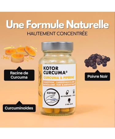 KOTOR Turmeric | Anti Inflammatory and Oxidant Joint Pain Difficult Digestion | 786mg | High Absorption Organic Turmeric | Curcumin + Piperine | 60 Tablets | Made in France - Buy Online on GoSupps.com