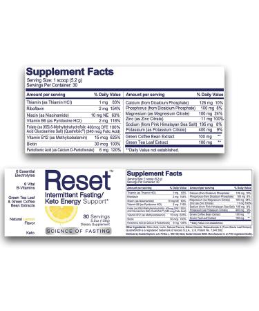 RESET Fasting Energy: 6 Electrolytes, Himalayan Salt, B-Complex Vitamins, 72 Minerals, Green Tea & Coffee, Pro Keto Lemon - 30 Servings - Buy Online on GoSupps.com