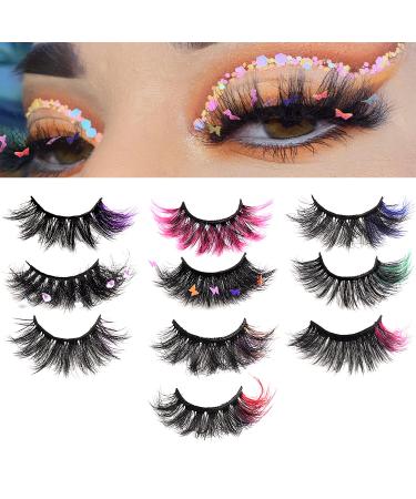 outopen 10 Pairs Lashes with Color on End, Colored Lashes Set, 6D Long Fluffy Mink False Eyelashes with Rhinestone, Dramatic Butterfly Lashes, Halloween Cosplay Masquerade Party Daily Eye Makeup Tools 02B-Mix Colored 10 Pairs