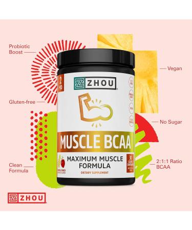 Zhou Nutrition Muscle BCAA Powder | Vegan Muscle Recovery | Gluten & Sugar Free | Probiotic Boost & Vitamin C | 30 Servings - Tropical Punch - Buy Online on GoSupps.com