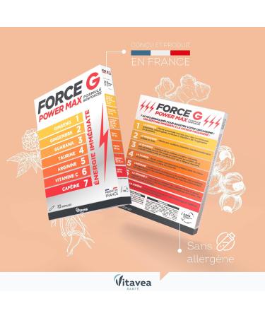 Vitavea - Force G Power Max Strengthened Formula - Immediate Energy Booster 7 active ingredients - Ginseng Ginger Guarana Taurine Arginine Vitamin C Caffeine - 10 ampoules - 10 days - Made in - Buy Online on GoSupps.com