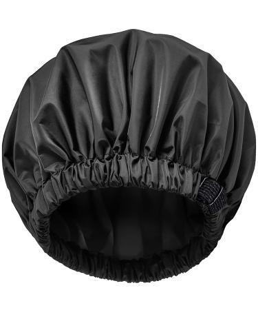 Shower Cap for Women Satin Lined Shower Cap Adjustable Size Double Layer-Reusable Waterproof and Breathable Extra Large Shower Cap for All Hair Styles(Black)