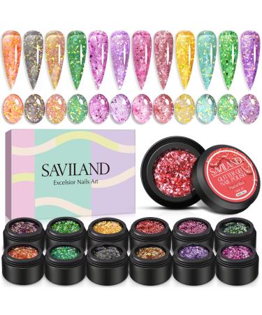 Saviland Platinum Glitter Gel Nail Polish Set - 12 Colors Glitter Gel Polish Soak Off Nail Art Gel for Beginners Home DIY Manicure Professionals Nail Salon 6ML