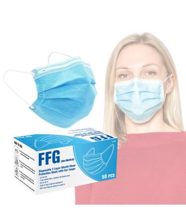 FFG Face Mask 50PCS Adult Disposable Masks 3-Layer Filter Protection with Elastic Ear Loop for Men Women Blue (#11000)