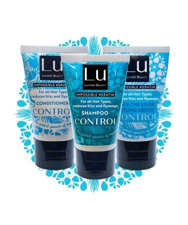 LATINUS BEAUTY CONTROL Travel Size Anti-Frizz Vegan Keratin Hair Collection: Natural Murumuru Butter Shampoo + Conditioner + Styling Cream for All Hair Types (1oz each)  Reduces Frizz and Flyaways