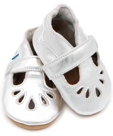Dotty Fish Soft Leather Baby Shoes - Classic T-Bar Shoes for Girls | Non-Slip Suede Soles | 0-6 Months to 2-3 Years | Silver - Buy Online on GoSupps.com