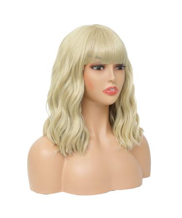 MOOICHIC Blonde Wig With Bangs Short Blonde Bob Wig 14 Inch Wavy Bob Synthetic Wigs for Women