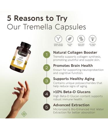 Organic Tremella Mushroom Capsules Supplement (120) | Fruiting Body 10:1 High Strength Snow Fungus Extract | 10% Beta-D Glucans | 9 000mg Raw Equivalent Per Serving | Skin Hydration & Brain Support - Buy Online on GoSupps.com