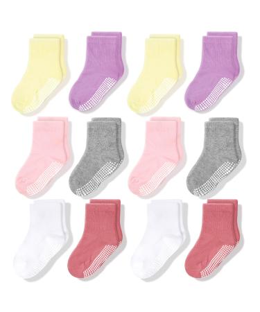 CozyWay Kids Non Slip Cotton Crew Socks Baby Socks Toddler Socks Anti Skid With Grips Striped for Children Toddler Boys & Girls 3-5 Years Girls Solid Colors 12 Pairs