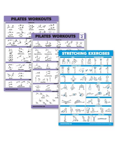 3 Pack - Pilates Workout Poster Set Volume 1 & 2 + Stretching Routine - Pilates Mat Work Exercises - Fitness Charts 18 x 24 LAMINATED