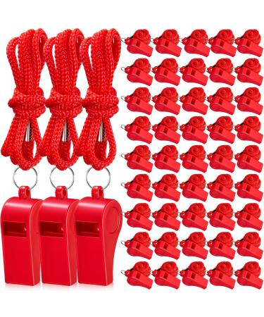 Flutesan 48 Packs Plastic Whistles with Lanyard Coaches Sports Whistle Loud Crisp Sound Whistles Bulk for Coach Referees Training Lifeguard School Emergency Red