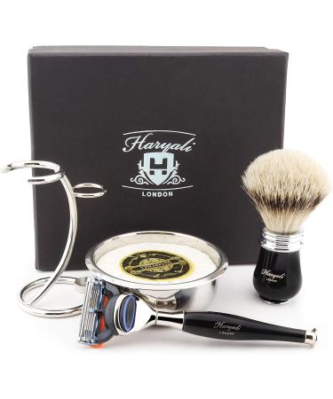 Haryali London Luxurious Shaving Set for Men - 5 Blades Silver Tip Brush Stand Soap & Bowl - Perfect Gift - Buy Online on GoSupps.com