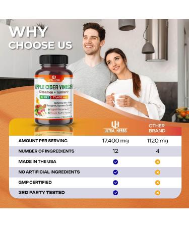 ULTRA HERBS Organic Apple Cider Vinegar Capsules 17400mg w/ Cinnamon Turmeric - Digestion & Gluco Health Support *USA Made* | 150 Count - Buy Online on GoSupps.com