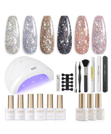 GAOY Gel Nail Polish Kit with U V Light  6 Sparkle Glitter Colors Gel Polish Set with Glossy & Matte Top Coat and Base Coat for Nail Art DIY Manicure and Pedicure at Home