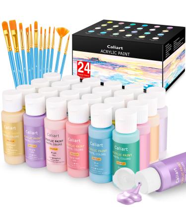 Caliart Pastel Acrylic Paint Set with 12 Brushes  24 Pastel Colors (59ml  2oz) Art Craft Paint for Artists Students Kids Beginners  Halloween Decorations Canvas Ceramic Wood Rock Painting Supplies Kit