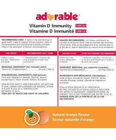 Wampole Adorable Vitamin D Immunity 1000 IU Helps Support Immune Function 100 chewable tablets For Children Age 3 and Up - Buy Online on GoSupps.com