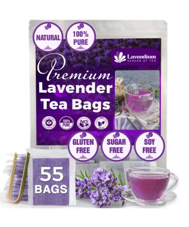 Lavendium Premium 55 Lavender Flower Tea Bags 100% Natural & Pure from Lavender Flowers. Loose Flower Lavender Herbal Tea. Lavender Flower Tea. No Sugar No Caffeine No Gluten Vegan. Lavender 55 Bags