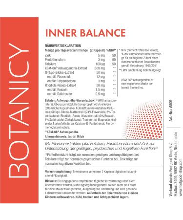 Botanicy Inner Balance - Stress Relief with Ashwagandha KSM-66 Ginkgo Biloba Folic Acid & Zinc | 60 Capsules for Mental Balance - Monthly Pack - Buy Online on GoSupps.com