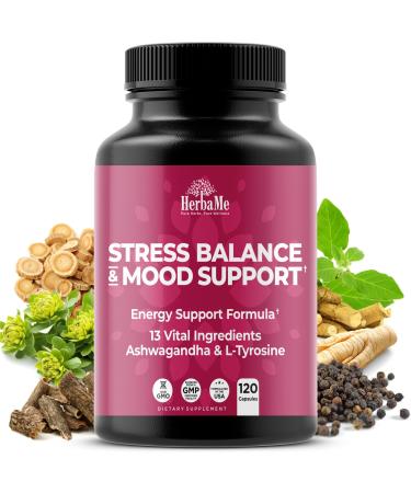 HerbaMe Cortisol Manager Supplement and Balance Mood with Ashwagandha & L-Tyrosine 120 Capsules Helps Maintain Healthy Energy Levels and Stress Relief Fatigue Reducer Pills