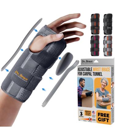 DR. BRACE Adjustable Wrist Brace Night Support for Carpal Tunnel  Doctor Developed  Upgraded with Double Splint & Therapeutic Cushion Hand Brace for Pain Relief Injuries Sprains (S/M Right Hand  Grey) Small/Medium (Right...