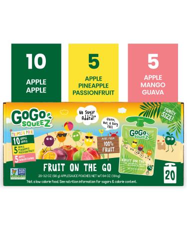 GoGo squeeZ Fruit on the Go Kids Snacks Variety Pack, 3.2 oz. (20 Pouches) - Apple Apple, Apple Pineapple Passion Fruit, Apple Mango Guava Flavors - Nut Free, Dairy Free, Gluten Free Snacks for Kids Tropical Variety Pack