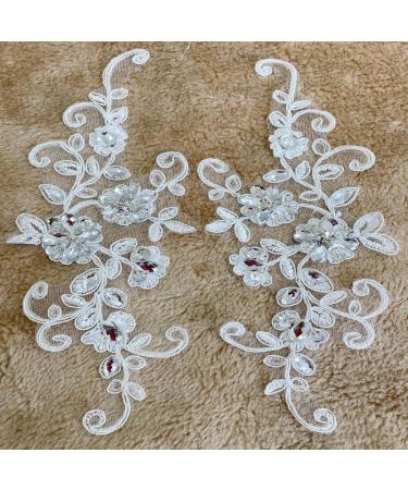 Zbroh White Lace Fabric Patches with Rhinestones - Embroidered Trim for Dress Decoration - Sew On Sequins and Beads - 1 Pair - Buy Online on GoSupps.com