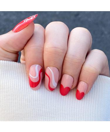 Valentine's Day Fake Press on Nails - NOVO OVO Short Almond Oval Red Heart Pink Swirl White Flower Thick False Nail Kit with Glue - Sweetie French Tip Acrylic Stick on Nails - Buy Online on GoSupps.com