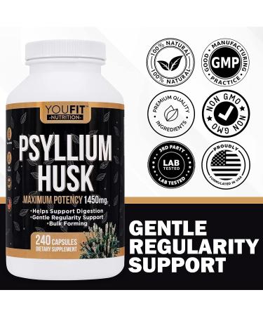 YouFit Psyllium Husk Capsules - 1450mg Soluble Fiber Supplement for Intestinal Health - 240 Capsules - Buy Online on GoSupps.com