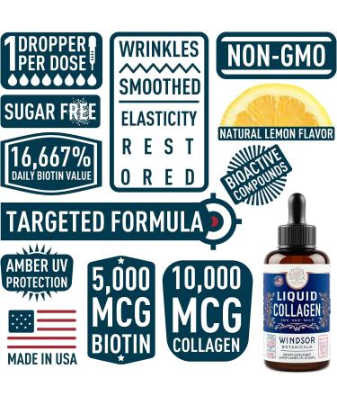 Windsor Botanicals Liquid Collagen Peptides Supplement - Hair Skin Nail Joints Support - 10,000mcg Collagen 5,000mcg Biotin - Lemon Flavor - 2oz - 2-Month Supply - Buy Online on GoSupps.com