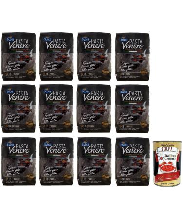 Italian Gourmet E.R. 12 Pasta Riso Scotti Venere Fusilli Hard Wheat Semolina and Black Rice Flour Venere Whole 400 g Pack + Gourmet Italian Tomato Pulp 400 g Tin