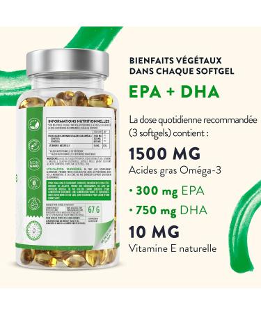 Omega 3 Vegan 1500mg Om ga 3 d'Huile d'Algue d Origine Durable Hautement Dose 750mg DHA + 300mg EPA par Dose - Comple ment Alimentaire Omega3 100% V g talien - 90 G lules - Buy Online on GoSupps.com