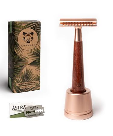 ANYMALE Safety Razor Wooden Handle with 5 ASTRA Replacement Blades - Women's and Men's Set (Rose Gold with Stand)