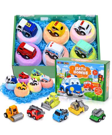 B Bascolor Bath Bombs for Kids Pull Back Cars 6 Pack Organic Bath Bombs Gift Set with Surprise Toys Construction Trucks Bubble Bath Fizzies for Boys Girls Birthday Christmas