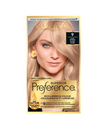 L Or al Paris Superior Preference 9 weeks of Luminous Fade-Defying Permanent Hair Dye 9 Light Blonde 100% Grey Coverage 1 Hair Dye Kit (Packaging May Vary) Light Blonde 1 Count ( Pack Of 1 )