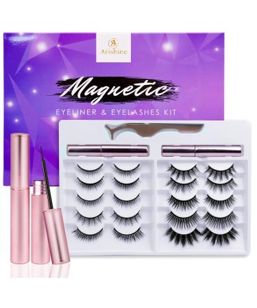 Updated 3D 6D Magnetic Eyelashes with Eyeliner Kit- 2 Tubes of Magnetic Eyeliner & 10 Pairs Magnetic Eyelashes Kit-With Natural Look & Reusable False lashes -No Glue Need 23 Piece Set