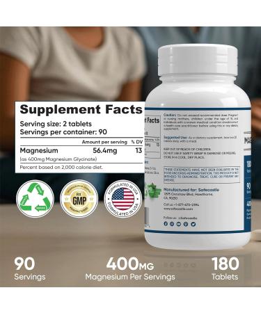 400 mg Pure Magnesium Glycinate 180 Tablets Non Buffered High Absorption Non-GMO Promotes Cardiovascular Health for Stress Relief, Sleep, Heart Health, Ease Muscles, Calm Headaches, Nerves 1 Count (Pack of 1) - Buy Online on GoSupps.com