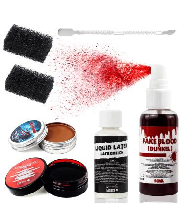 VOLLUCK Halloween Makeup kit - Fake Blood Washable + Liquid Latex + Scar Wax with Spatula Tool + Fake Blood Spray + 2 Stipple Sponge A-7 pieces