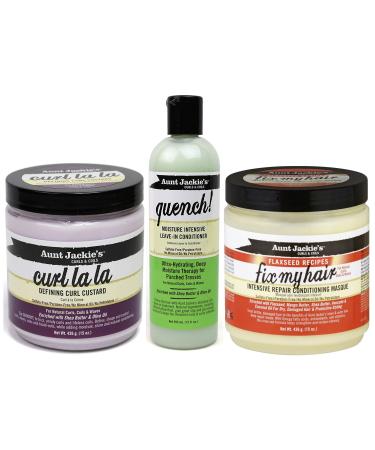 Aunt Jackie s Curls & Coils |3 Set |Definent curl cream "Curl la la" 426 g |Leave-in-flushing "Quench" for intensive moisture 355 ml |Nursing hair mask for intensive repairs 426 g