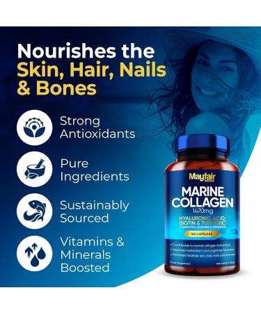 Mayfair Nutrition Marine Collagen Capsules 1470mg Complex - High Strength with Hyaluronic Acid, Biotin, Turmeric, Vitamin C, E, B2, D3 & Minerals - Women's Hydrolyzed Supplements - Made in UK - Buy Online on GoSupps.com